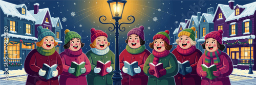 Festive Children Singing Christmas Carols Outdoors, Winter Night Town, Snowy Holiday Season, Colorful Illustration, Joyful Celebration