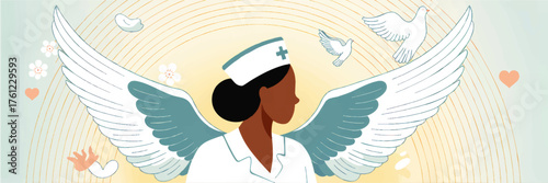 Compassionate Nurse Angel Illustration with Wings, Doves, and Heart – Healthcare Hero Concept for Medical Appreciation and Gratitude Designs