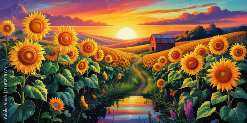 Vibrant sunflower field landscape at sunset with country barn, colorful sky, reflective pond, wildflowers, and butterflies