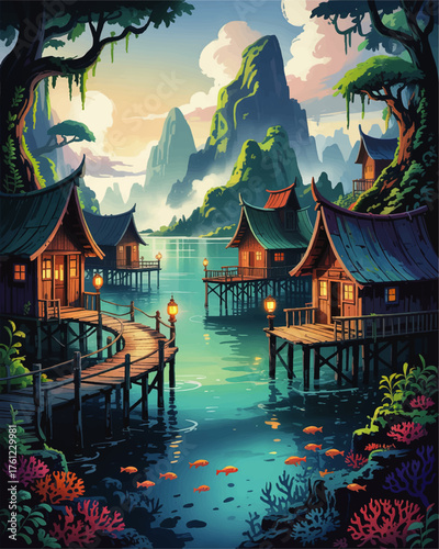 Serene Fantasy Lakeside Village at Sunrise, Vibrant Cartoon Landscape with Wooden Stilt Houses, Mountains, Coral, and Tropical Fish