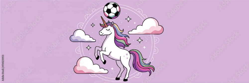 Fototapeta premium Magical Cartoon Unicorn Playing Soccer with Rainbow Mane and Clouds on Pastel Purple Background, Whimsical Fantasy Illustration