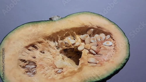 Japanese pumpkin vegetable half piece video footage isolated. Healthy nutritional raw vegetable. 
