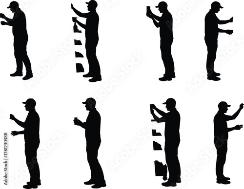 Silhouette sequence, paper trick, illusion steps, performer in cap, visual storytelling, magic act, transformation, motion, side profile, gesture art
