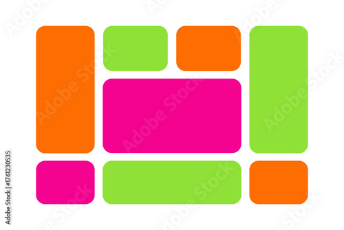 Bento grid layout for web design. Collage, moodboard or business presentation template. Horizontal poster or banner wireframe. Magazine or graphic novel page panel. Vector illustration.