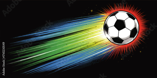 Dynamic Soccer Ball Illustration with Colorful Motion Streaks and Black Background, Comic Pop Art Style for Sports Design
