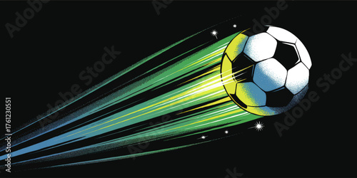 Dynamic Soccer Ball in Motion with Colorful Light Trails on Black Background – Energetic Sports Illustration for Posters and Ads