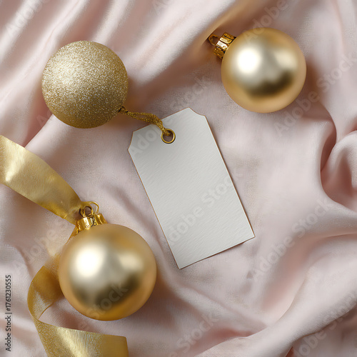 Elegant Christmas flat lay with gold ornaments, ribbon, and blank tag on soft pink silk fabric background