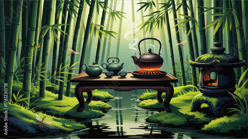 Tranquil Bamboo Forest Tea Ceremony with Steaming Teapot, Oriental Garden Table, Lantern, and Dragonflies – Serene Zen Illustration