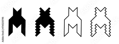 Classic and pixelated houndstooth icons. Dog tooth symbols isolated on white background. Elements of pied de poule ornament, plaid or scarf print, retro textile design. Vector graphic illustration.