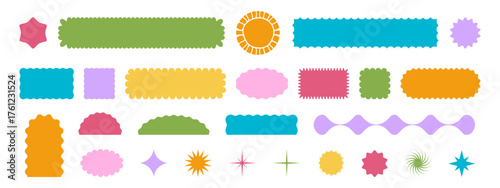 Set of colorful geometric forms with wavy edges. Cute basic shapes with undulated borders. Empty scalloped box, sticker, tag or label templates isolated on white background. Vector flat illustration.