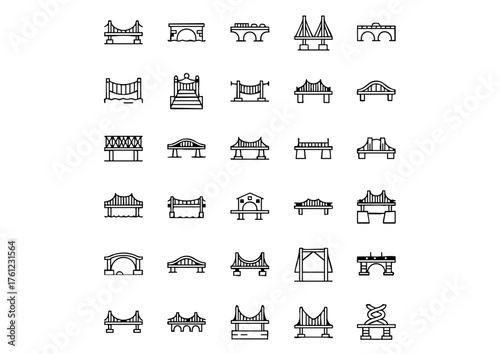 Architectural Bridges: Vector Line Icons, Transportation & Structure Icons: Bridge Designs, Bridge Types and Construction: Outline Icon Set