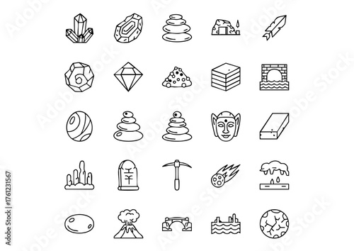 Geology and Gemstone Vector Icons: The Complete Collection, Stone & Mineral Line Art Icons: Rocks, Gems, and Geology, Nature's Hardscapes: Outline Icons of Stones and Crystals