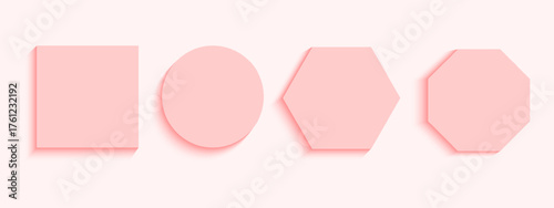 Set of pink geometric podiums, platforms for product presentation or buttons top view. Collection of basic square, round, hexagon and octagon shapes with shadows. Vector realistic illustration.