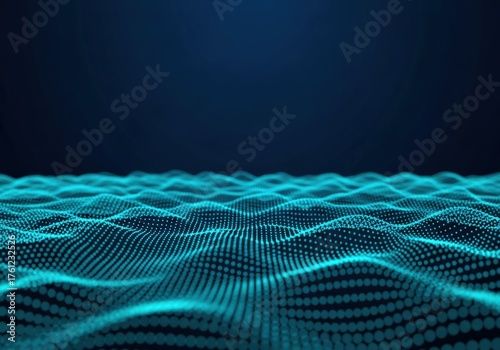 Abstract digital wave background with glowing particles and a dark blue backdrop