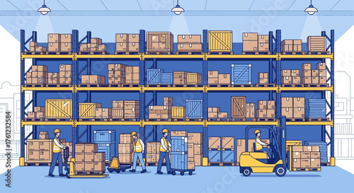 A detailed illustration of a busy warehouse interior with workers managing inventory on tall shelves.