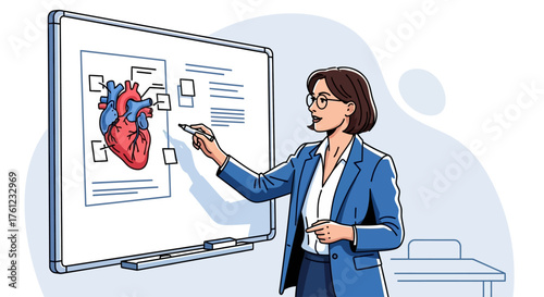 A female teacher explains human heart anatomy on a whiteboard in a classroom setting.