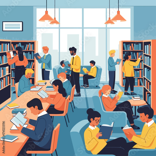 A vibrant, modern library scene filled with diverse individuals of all ages engaged in reading and browsing books among colorful shelves and comfortable seating areas.