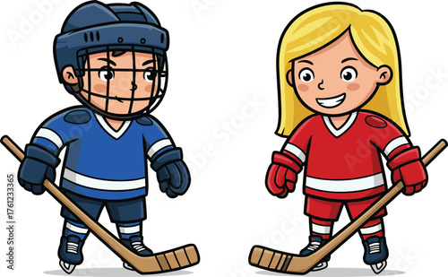 Two cartoon children playing ice hockey, colorful uniforms, hockey sticks, skates, winter sport, teamwork, motion, energy, friendly pose, white background