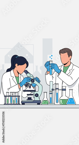 Two scientists conducting experiments in a modern laboratory, one examining samples with a microscope and the other holding a test tube.
