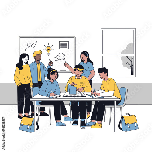 A diverse group of young students collaborating and brainstorming ideas together in a modern classroom setting.