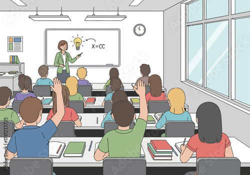 Classroom scene with teacher at whiteboard and students raising hands.