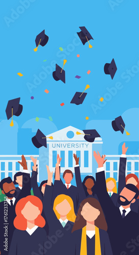 A diverse group of happy graduates celebrating their academic achievement by throwing caps in the air in front of a university building.