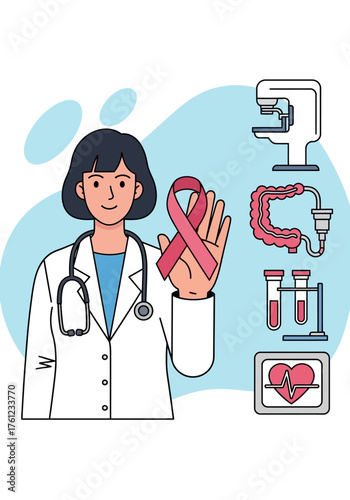 A female doctor holding a pink ribbon, representing breast cancer awareness, with medical equipment.
