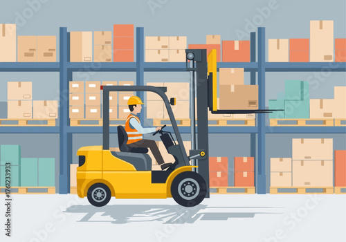 Forklift operator in a safety vest and hard hat working in a large storage warehouse.