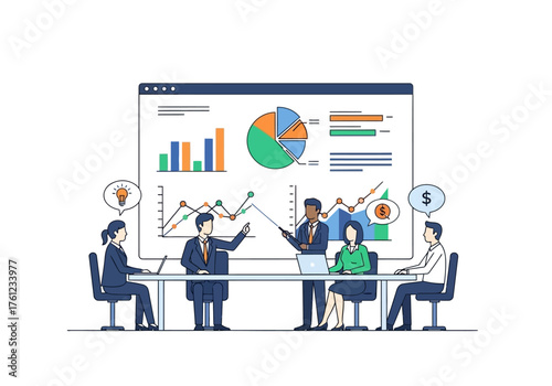 Business team analyzing financial charts and graphs during a meeting presentation.