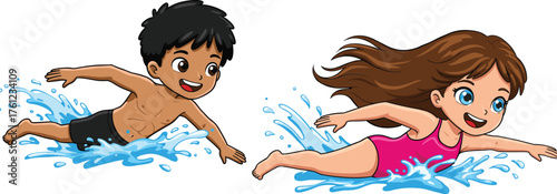 Two cartoon children swimming forward, water splashes, swimwear, energetic motion, athletic stroke, summer fun, playful scene, outdoor activity, dynamic pose, competition