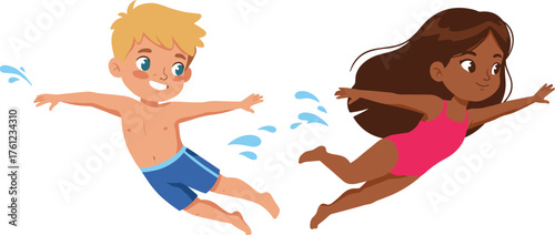 Two cartoon children swimming, summer fun, water splashes, swimwear, energetic motion, playful scene, outdoor activity, dynamic pose, joyful expression, recreation