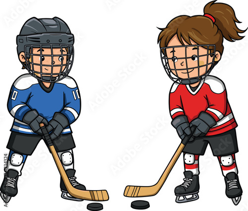 Two cartoon hockey players facing off, colorful uniforms, ice surface, hockey sticks, puck, sports gear, competition, teamwork, motion, athletic stance
