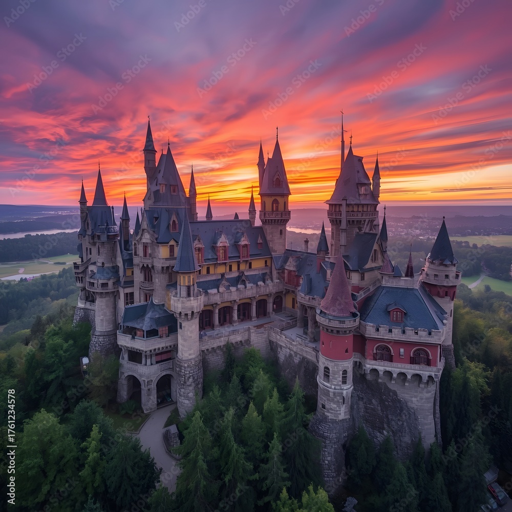 Fototapeta premium Majestic fairytale castle surrounded by forest at sunset with dramatic colorful sky, representing fantasy architecture, romance, history, and magical travel destination in Europe’s scenic landscape