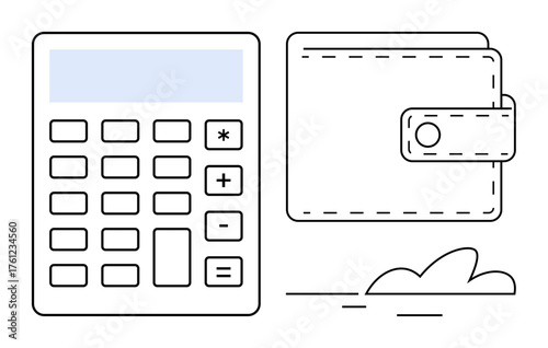 Calculator and wallet paired with minimalist lines representing budget, savings, personal finance, and expenses. Ideal for accounting, money management, expense tracking, financial advice, economy