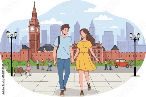 Urban street scene, couple walking, clock tower, red-brick building, modern skyscrapers, travel lifestyle, backpack, yellow dress, street lamps, diverse architecture