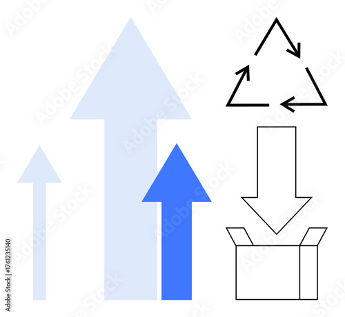 Upward arrows symbolize progress and growth, triangle of arrows represents recycling, open box conveys packaging, unpacking. Ideal for progress, sustainability, strategy, ecology, logistics