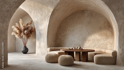 Cozy interior lounge with arched walls and plush seating.