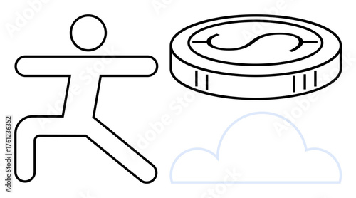 Human figure in a yoga warrior pose next to a large coin and a cloud outline. Ideal for wellness, balance, finance, opportunity, mindfulness, growth, and prosperity concepts. Simple flat metaphor