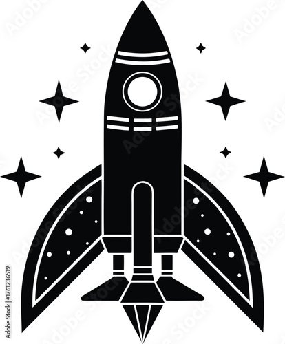 Rocket silhouette vector, minimal space launch design, modern science and innovation concept icon