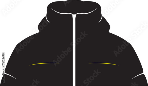 Black puffer jacket with yellow accents and white trim graphic illustration winter coat outerwear