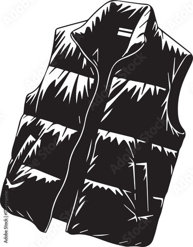 Black puffer vest with zipper and collar graphic illustration sleeveless jacket outerwear