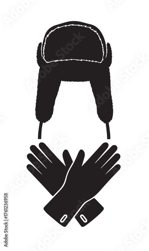 Black silhouette of a fur lined hat and crossed gloves on a white background winter hat fur hat