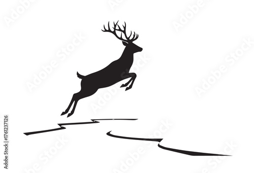 Black silhouette of a stag deer leaping over cracked ground in a dynamic pose white.