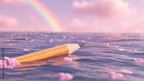 Yellow pencil floats on water with petals and a rainbow.
