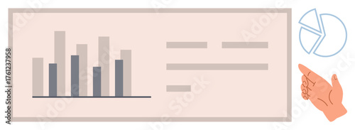 Bar graph and pie chart on document with a guiding hand gesture. Ideal for report, statistics, analytics, presentation, decision-making, teamwork, strategy, simple flat metaphor