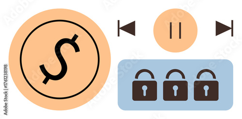 Dollar sign in a circle, lock sequence, and playback controls highlight themes thumbs up financial privacy, transaction safety, and control. Ideal for fintech, security, savings, online payments