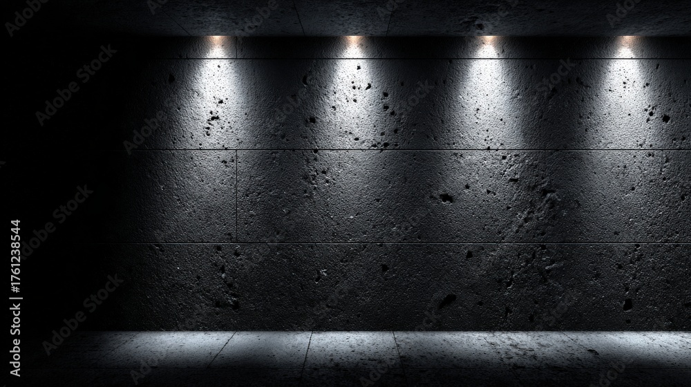 Obraz premium Textured concrete wall illuminated by spotlights creates a dark, modern backdrop.