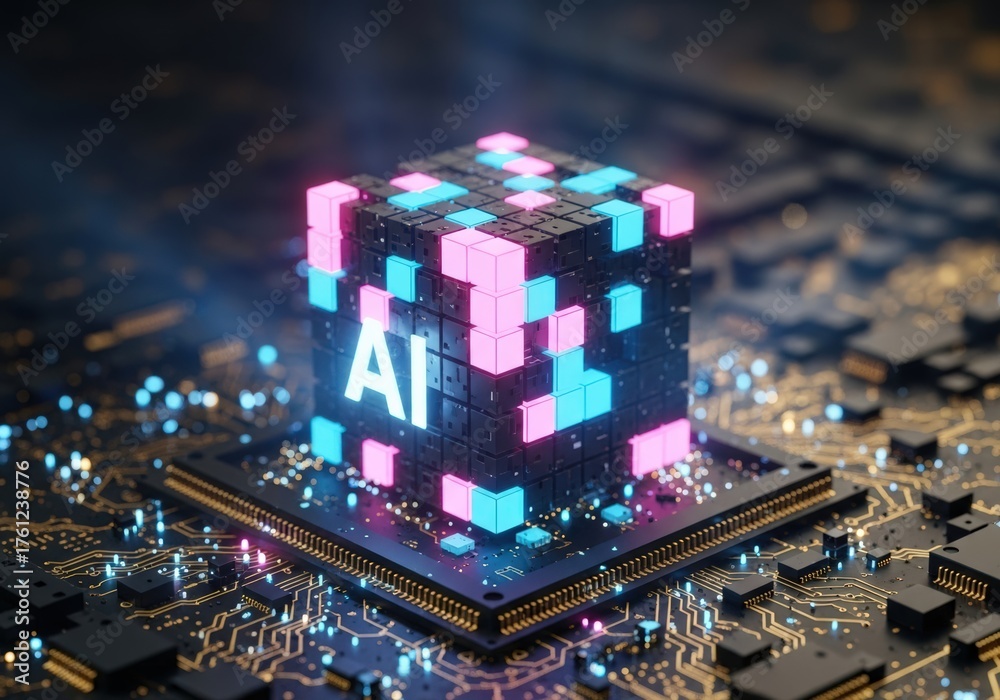 Obraz premium Artificial intelligence concept with a glowing AI cube on a circuit board