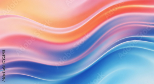 Dynamic, undulating waves color featuring blend warm coral, soft pink, and cool blue hues, creating vibrant and fluid abstract composition