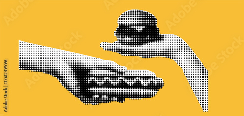 The hand collages elements with a halftone and burger for a fast food or pop art poster with a retro vintage design..